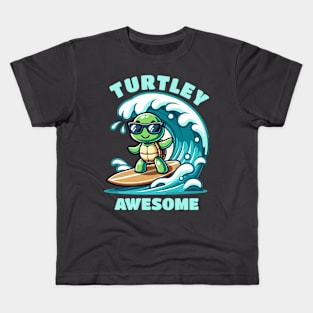 Cute Turtle Tortoise Surfing Having Totally Awesome Riding the Waves Kids T-Shirt